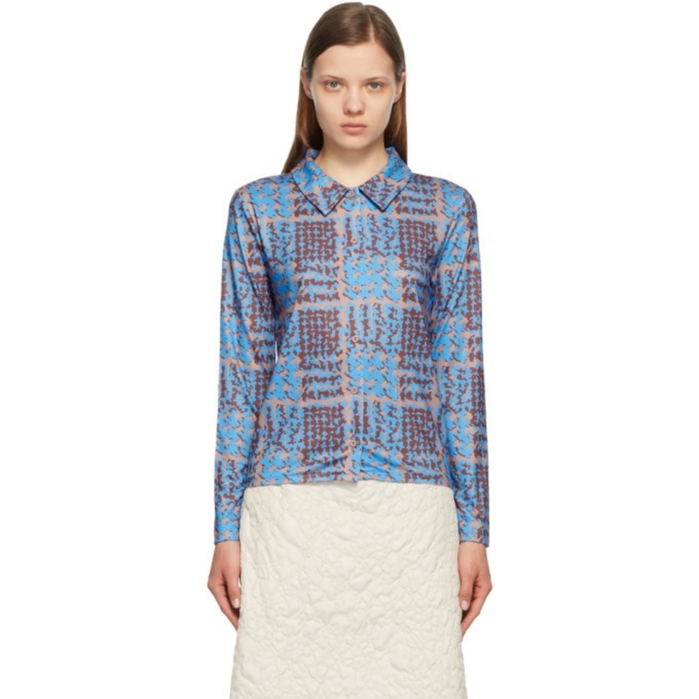 Stussy Blue and Brown Patterned Button-Down Shirt